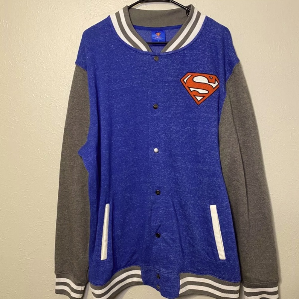 Superman DC Comics Letterman Button Up Cardigan Mens XL Extra Large Blue/gray